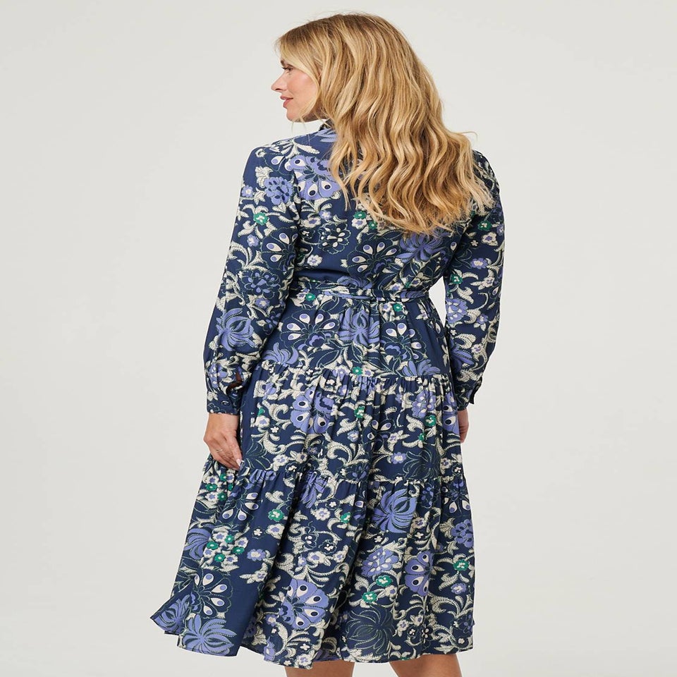 Izabel London Navy Floral Tie Waist Tiered Midi Dress