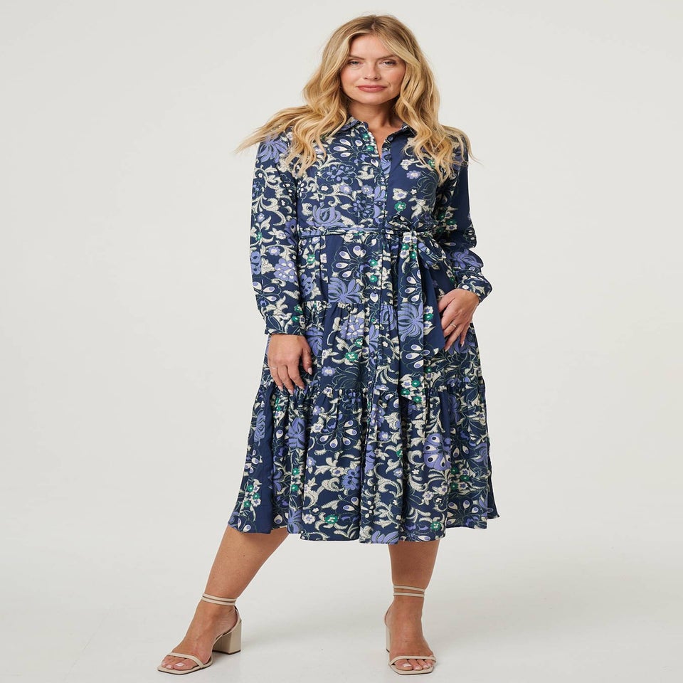 Izabel London Navy Floral Tie Waist Tiered Midi Dress