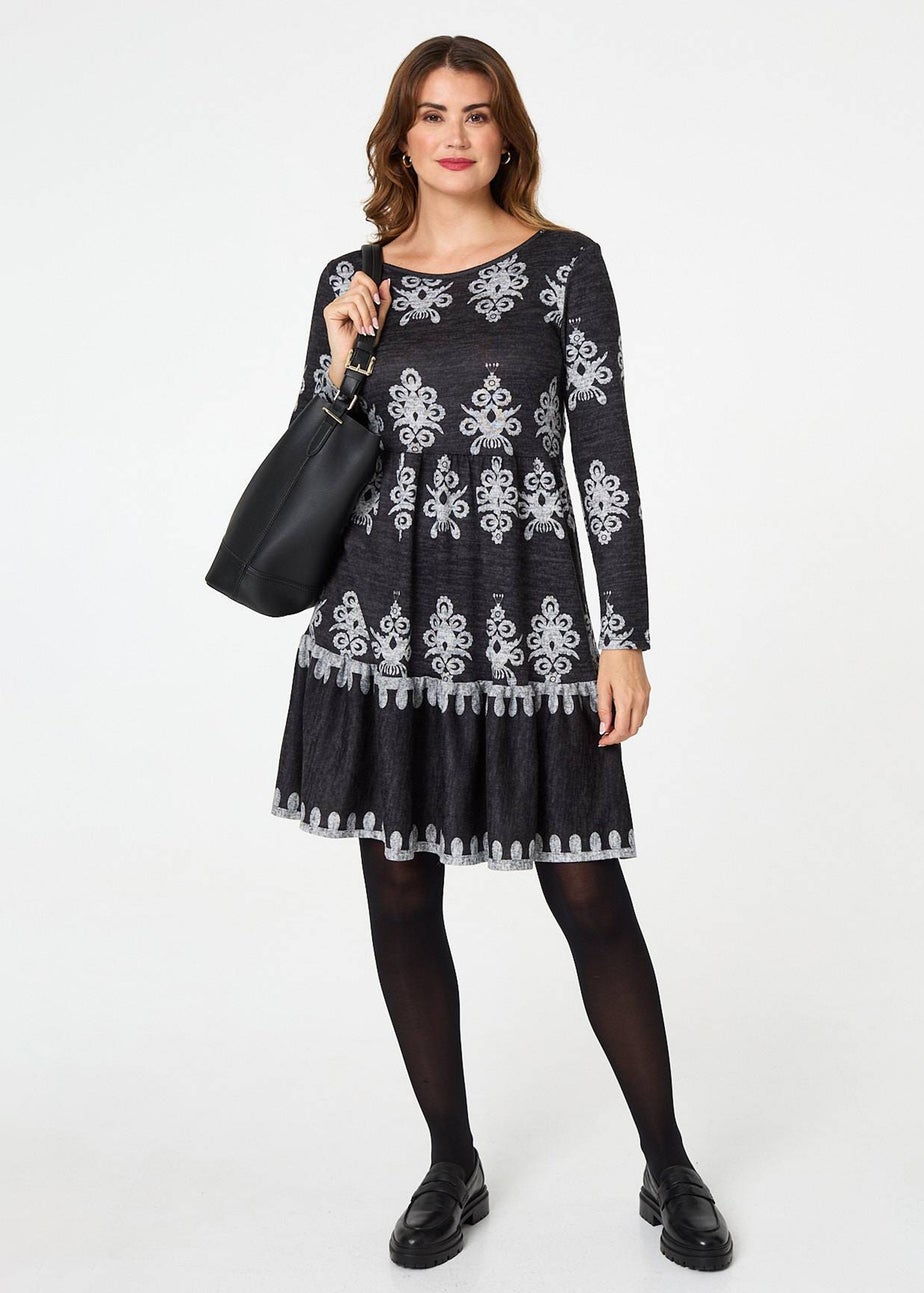 Izabel London Grey Printed Knee Length Long Sleeve Dress