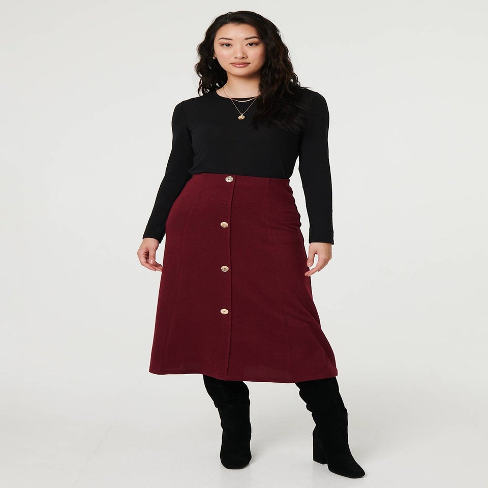 Izabel London Red Buttoned High Waist A-Line Midi Skirt