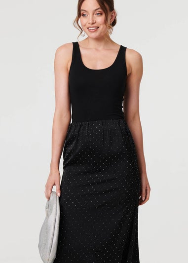Izabel London Black Diamante Detail High Waist Midi Skirt