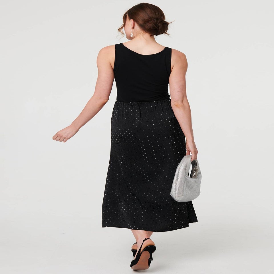 Izabel London Black Diamante Detail High Waist Midi Skirt