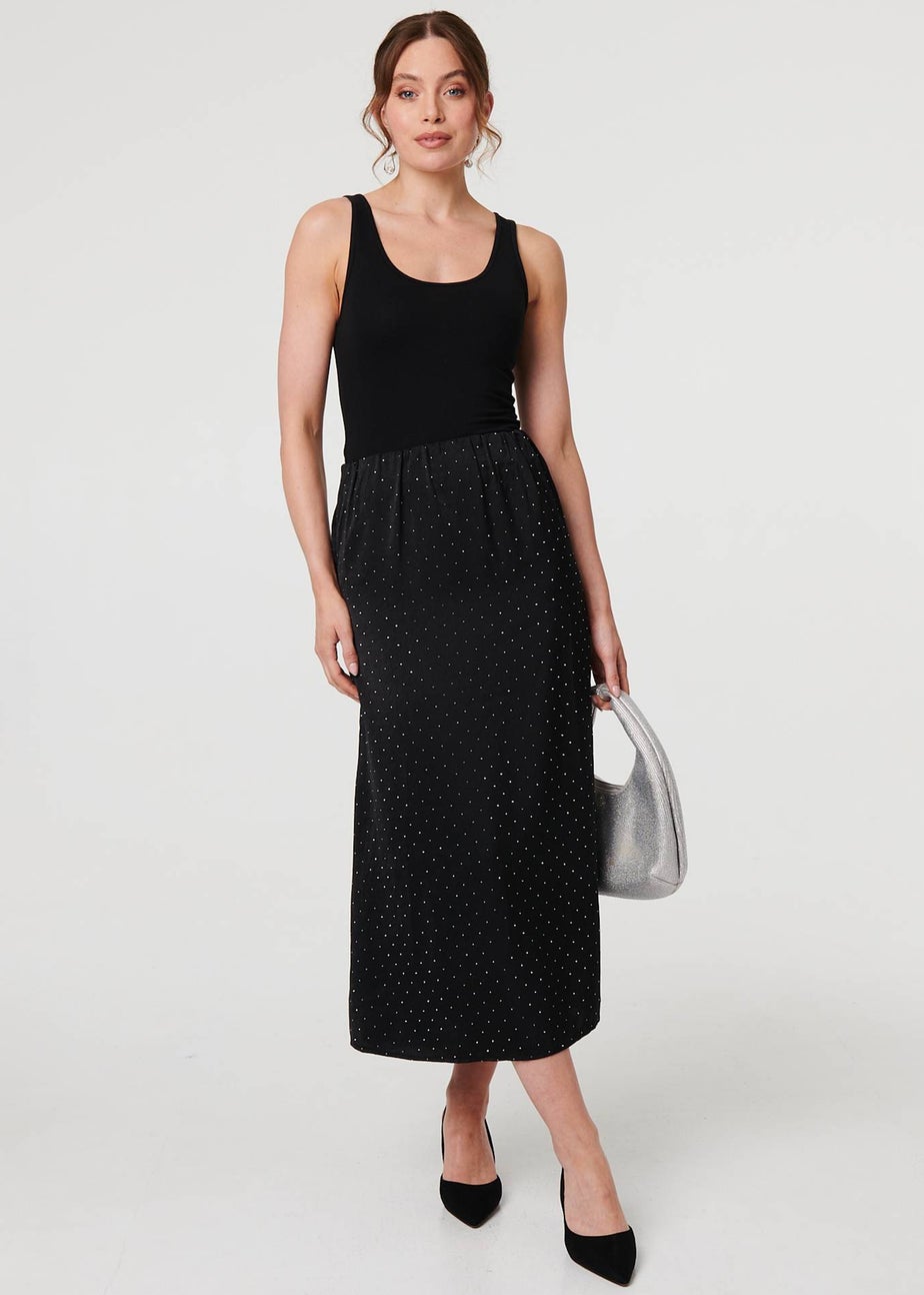 Izabel London Black Diamante Detail High Waist Midi Skirt