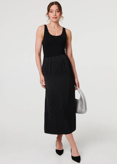 Izabel London Black Diamante Detail High Waist Midi Skirt