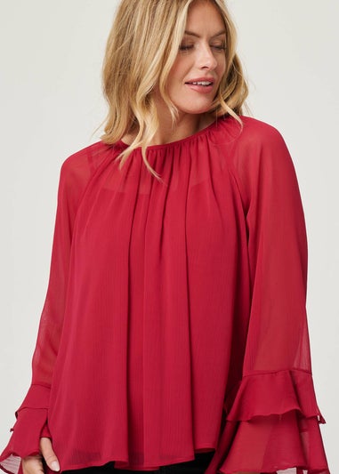 Izabel London Red Semi Sheer Long Sleeve Ruffled Blouse