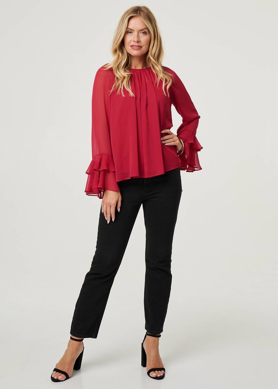 Izabel London Red Semi Sheer Long Sleeve Ruffled Blouse