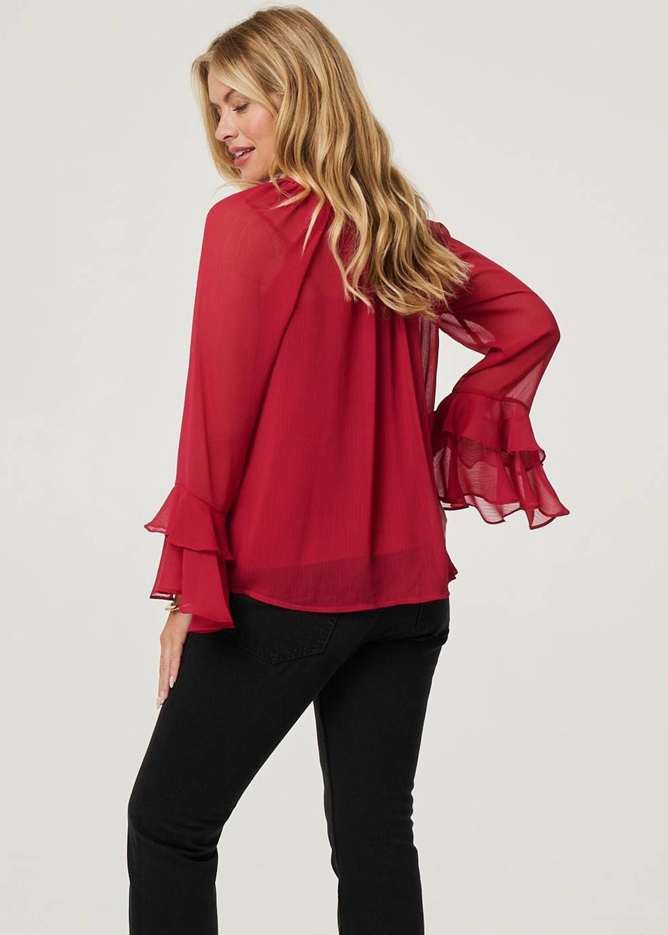 Izabel London Red Semi Sheer Long Sleeve Ruffled Blouse