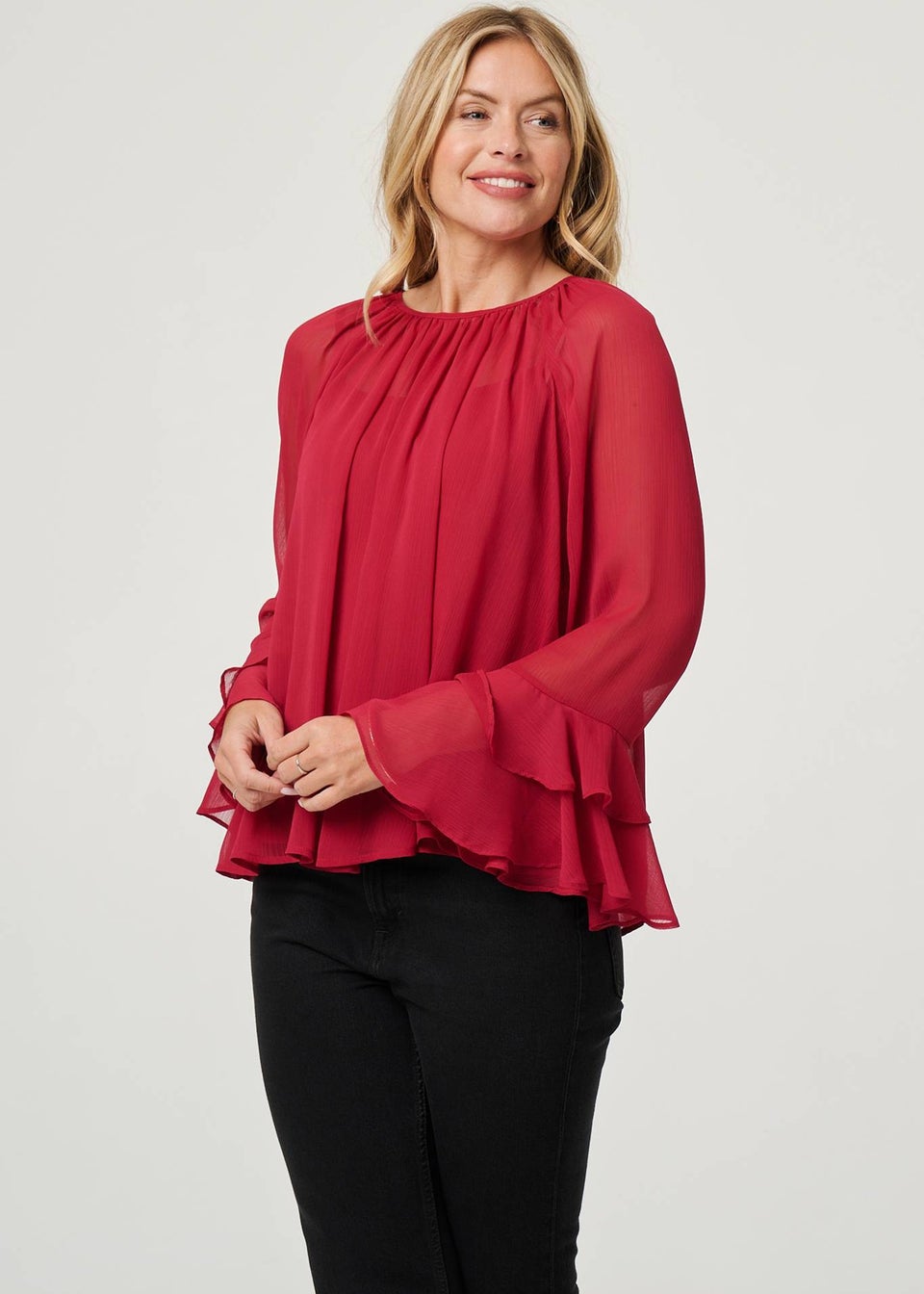 Izabel London Red Semi Sheer Long Sleeve Ruffled Blouse