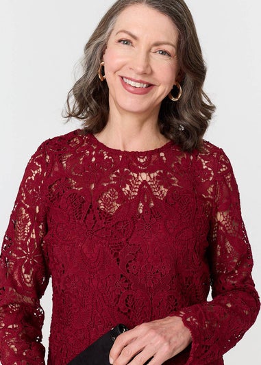 Izabel London Red Lace Texture Layered Long Sleeve Blouse