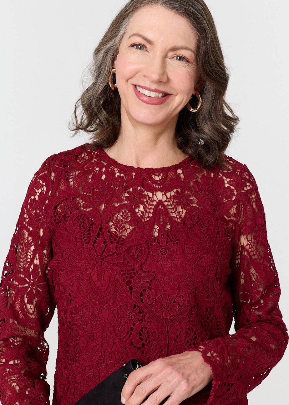 Izabel London Red Lace Texture Layered Long Sleeve Blouse