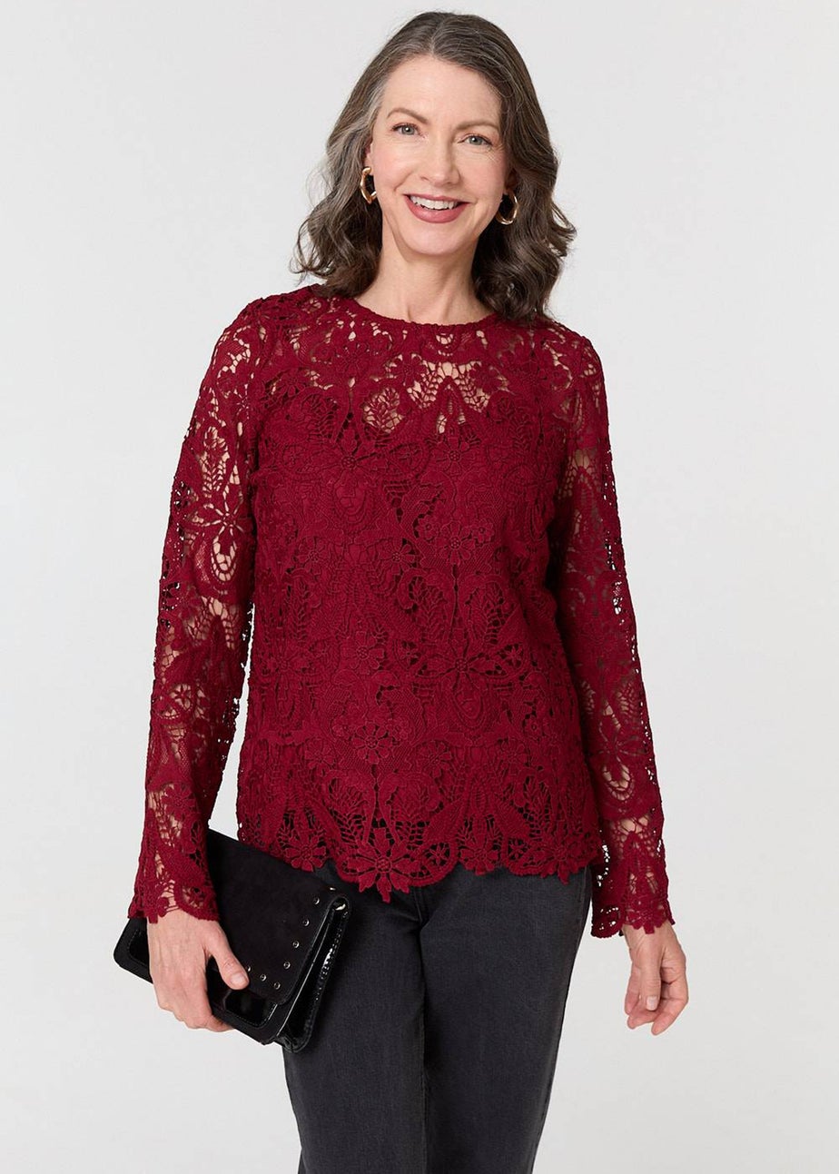 Izabel London Red Lace Texture Layered Long Sleeve Blouse
