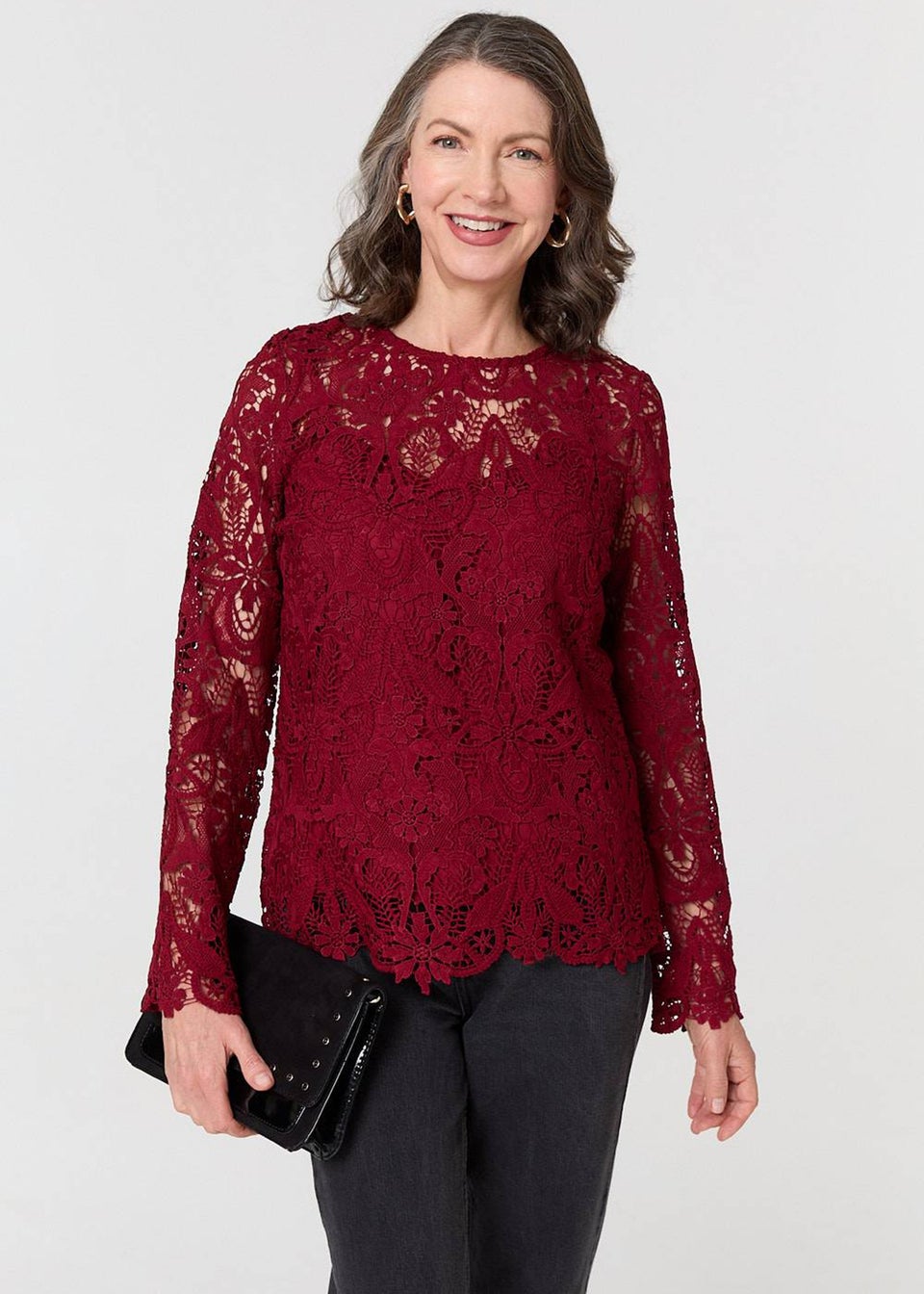 Izabel London Red Lace Texture Layered Long Sleeve Blouse