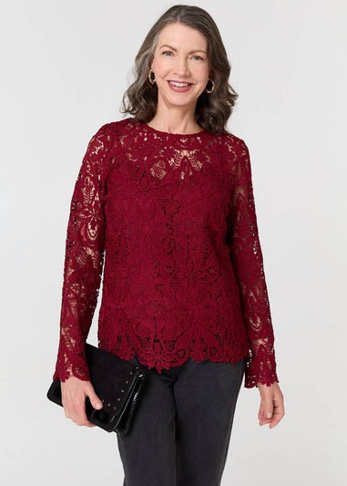 Izabel London Red Lace Texture Layered Long Sleeve Blouse