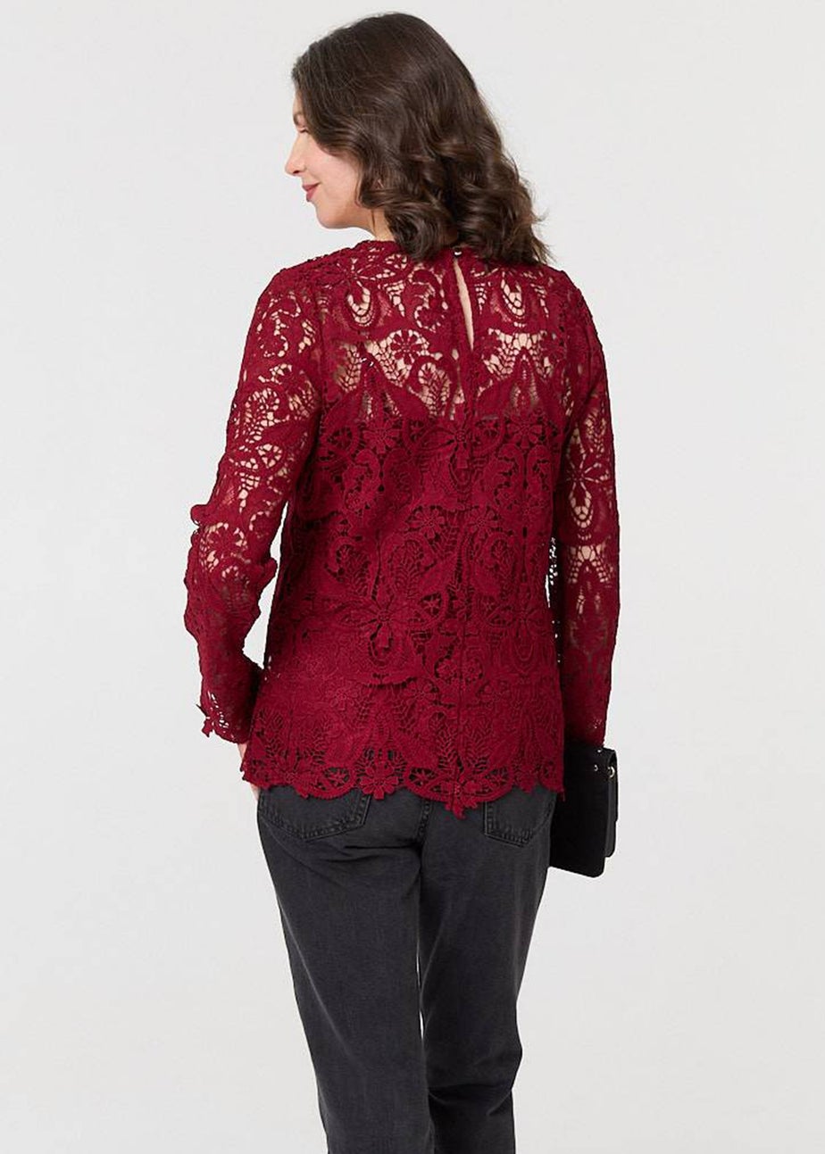 Izabel London Red Lace Texture Layered Long Sleeve Blouse