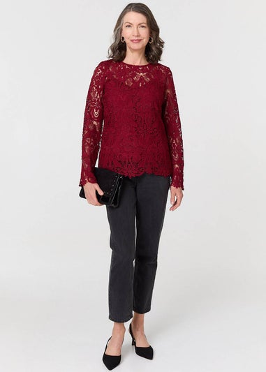 Izabel London Red Lace Texture Layered Long Sleeve Blouse