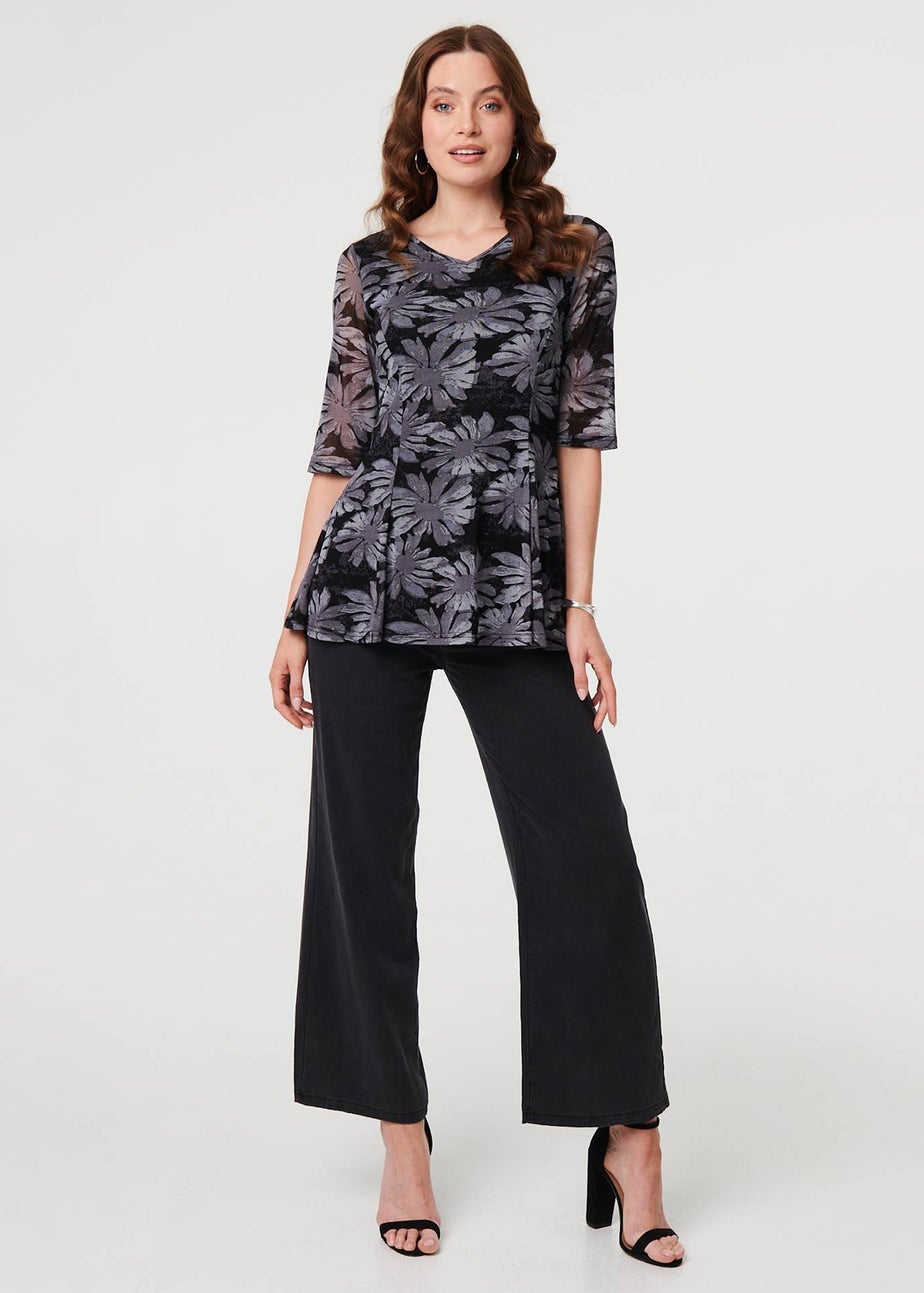 Izabel London Black Floral Relaxed Semi Sheer Peplum Blouse