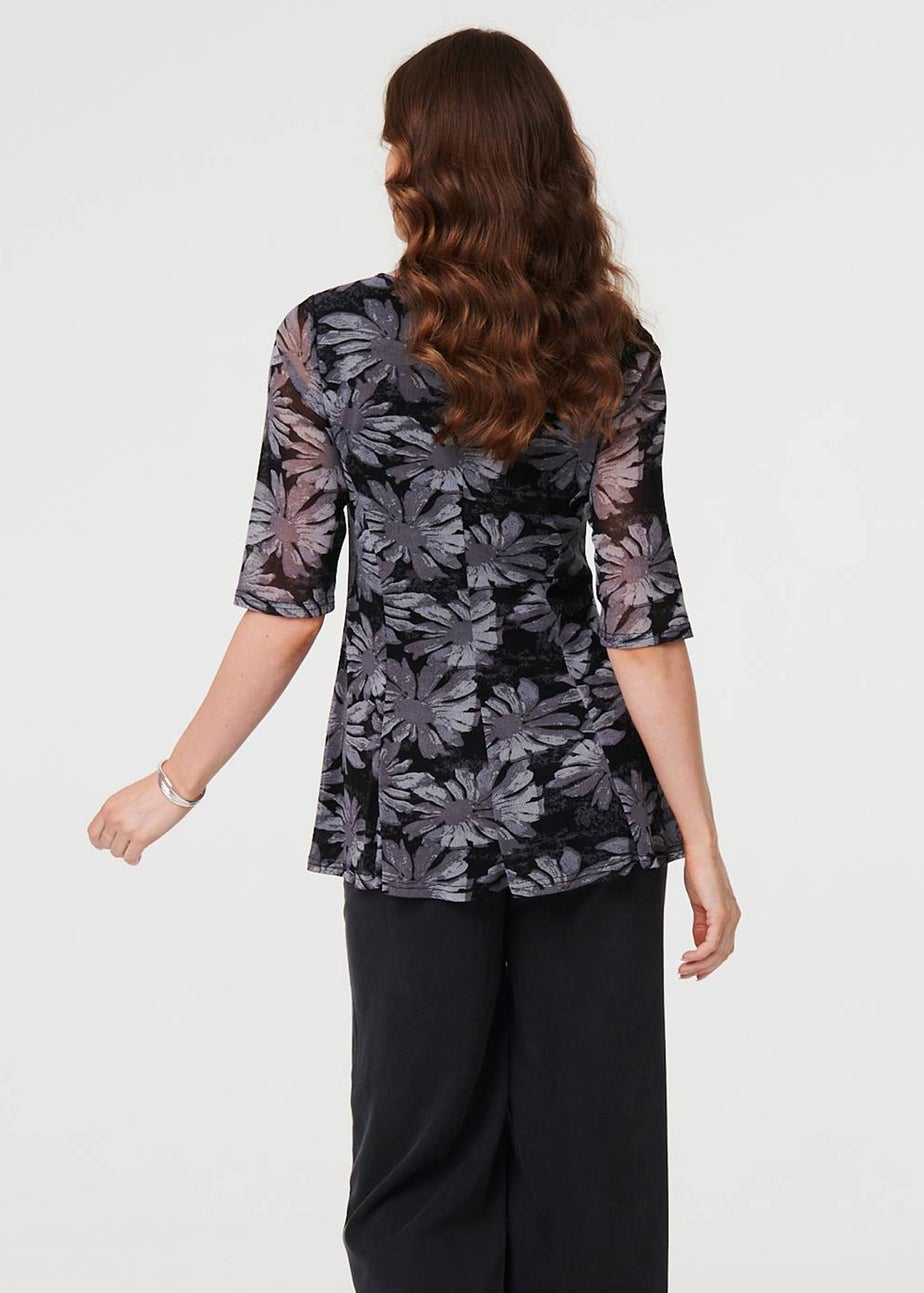 Izabel London Black Floral Relaxed Semi Sheer Peplum Blouse