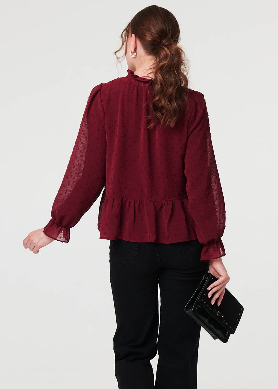 Izabel London Burgundy Textured Semi Sheer Frilled Blouse