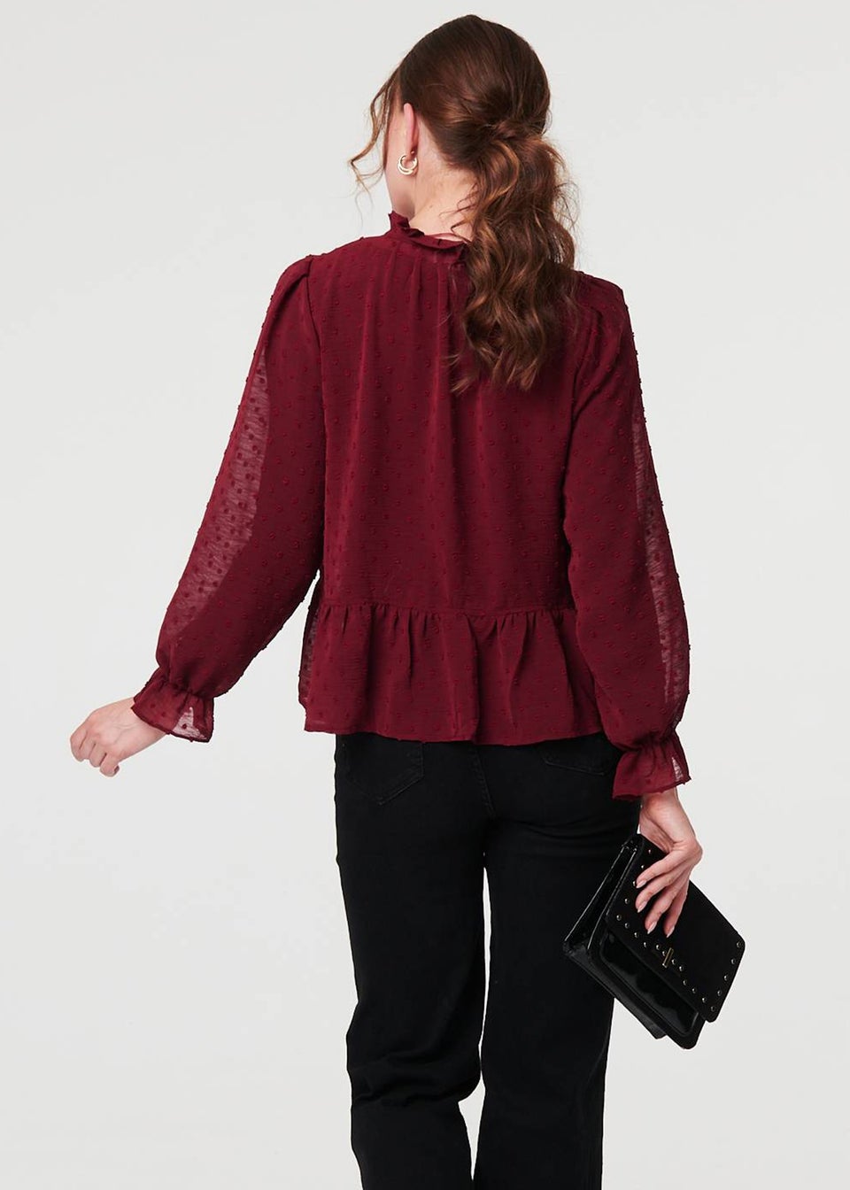 Izabel London Burgundy Textured Semi Sheer Frilled Blouse