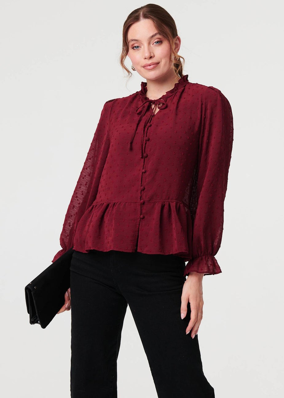 Izabel London Burgundy Textured Semi Sheer Frilled Blouse