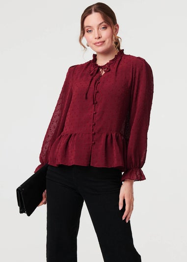 Izabel London Burgundy Textured Semi Sheer Frilled Blouse