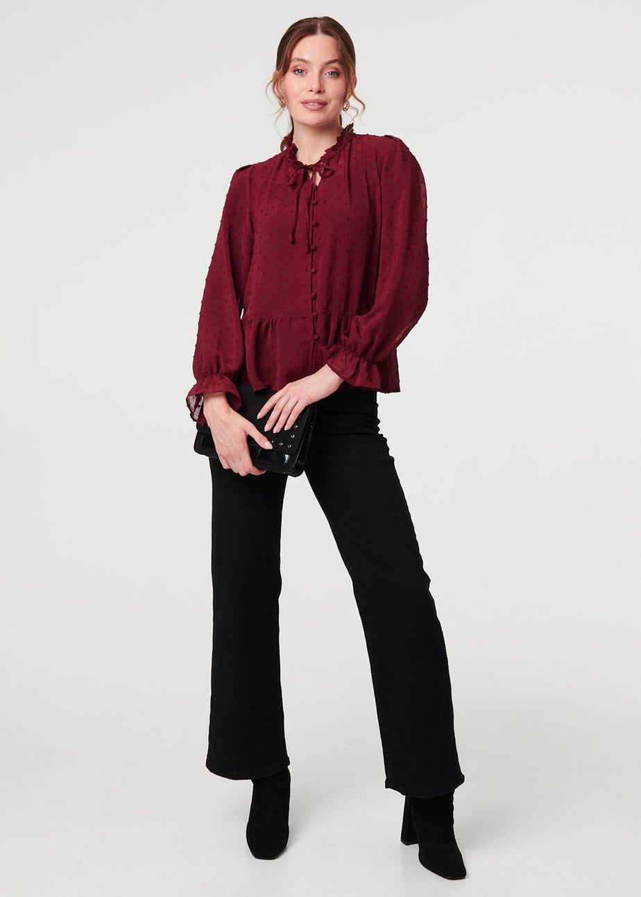 Izabel London Burgundy Textured Semi Sheer Frilled Blouse