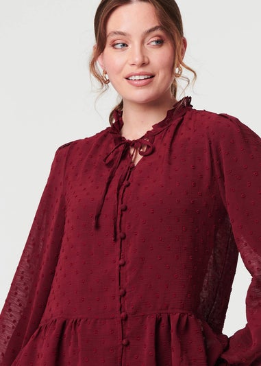 Izabel London Burgundy Textured Semi Sheer Frilled Blouse
