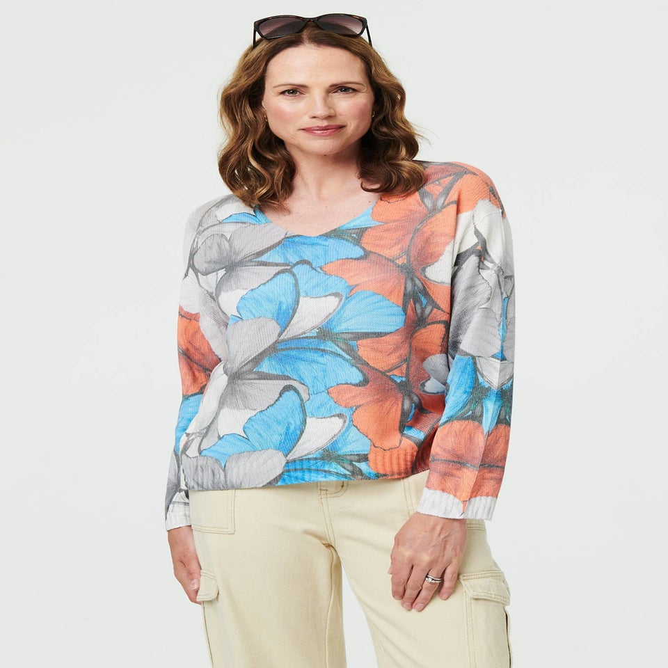 Izabel London Blue Butterfly Print Long Sleeve Relaxed Top