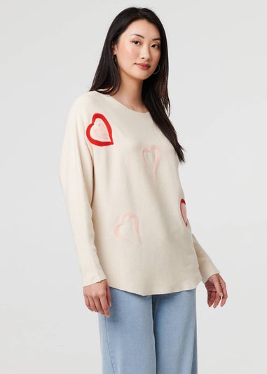 Izabel London Beige Heart Print Batwing Sleeve Jumper