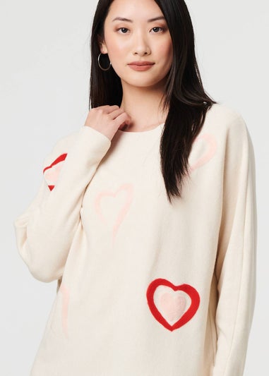 Izabel London Beige Heart Print Batwing Sleeve Jumper