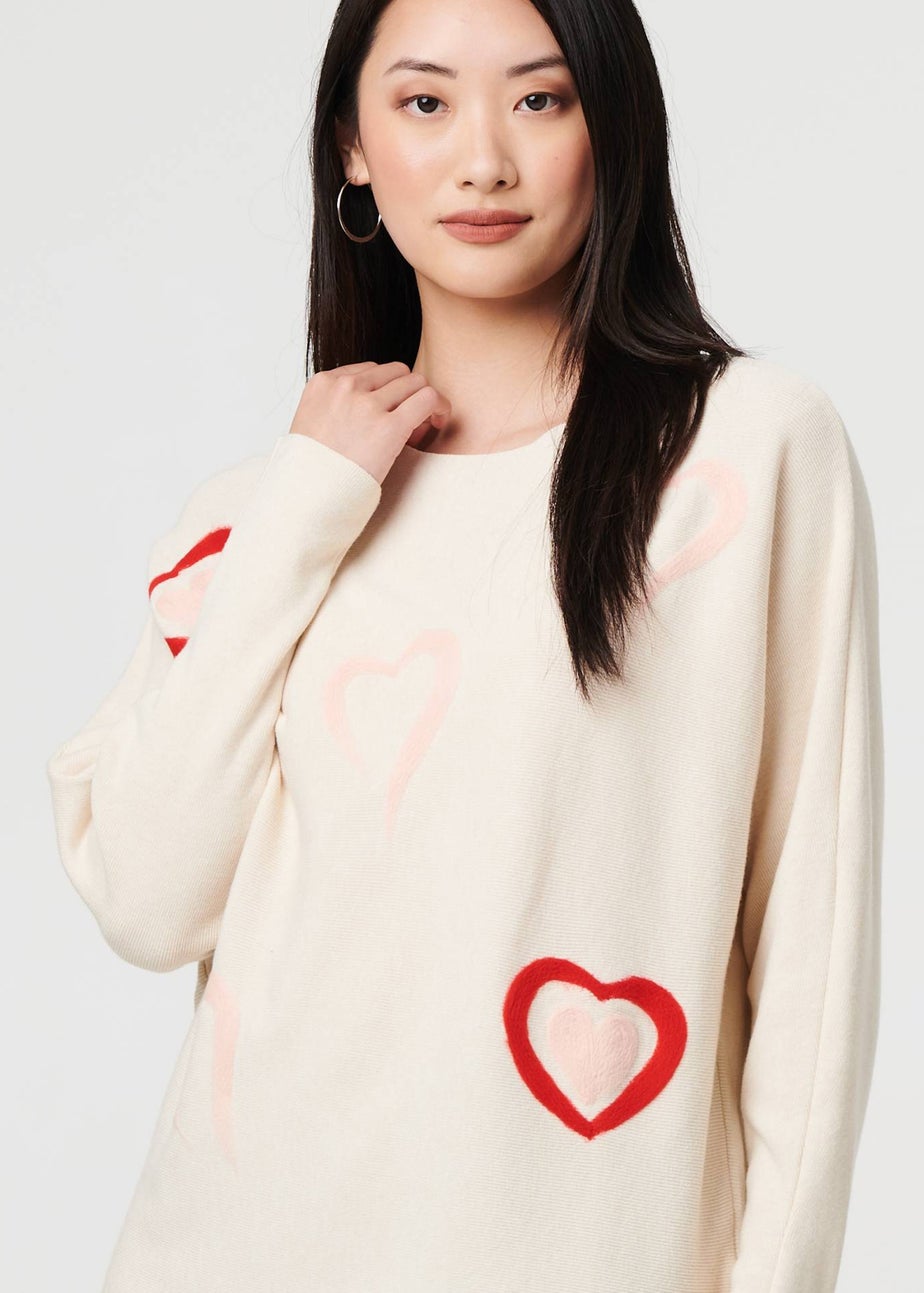 Izabel London Beige Heart Print Batwing Sleeve Jumper