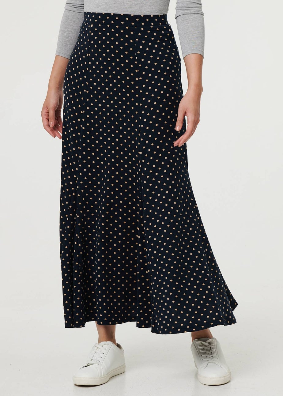 Izabel London Navy Polka Dot Print High Waist Maxi Skirt