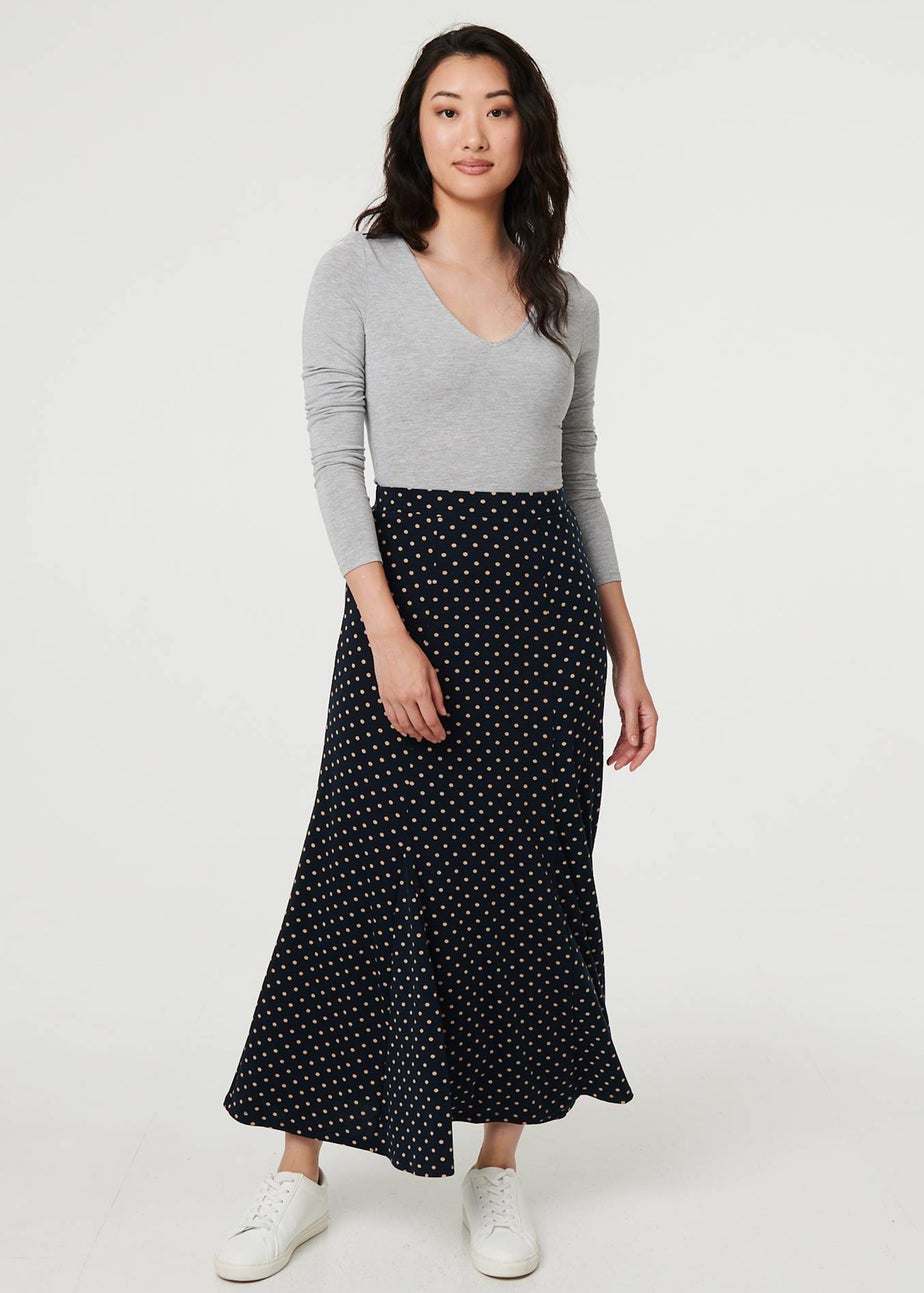 Izabel London Navy Polka Dot Print High Waist Maxi Skirt