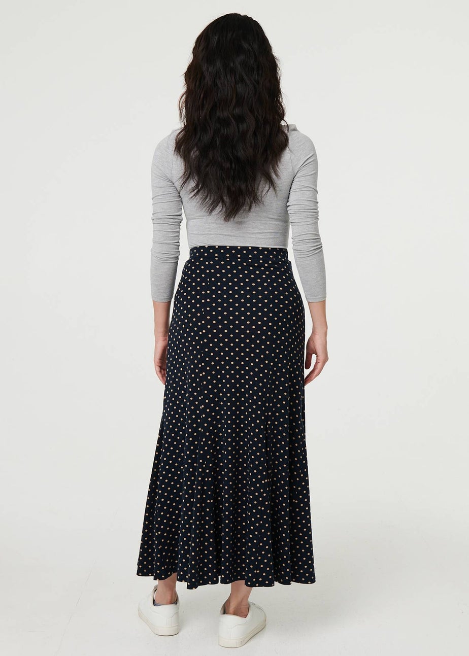 Izabel London Navy Polka Dot Print High Waist Maxi Skirt