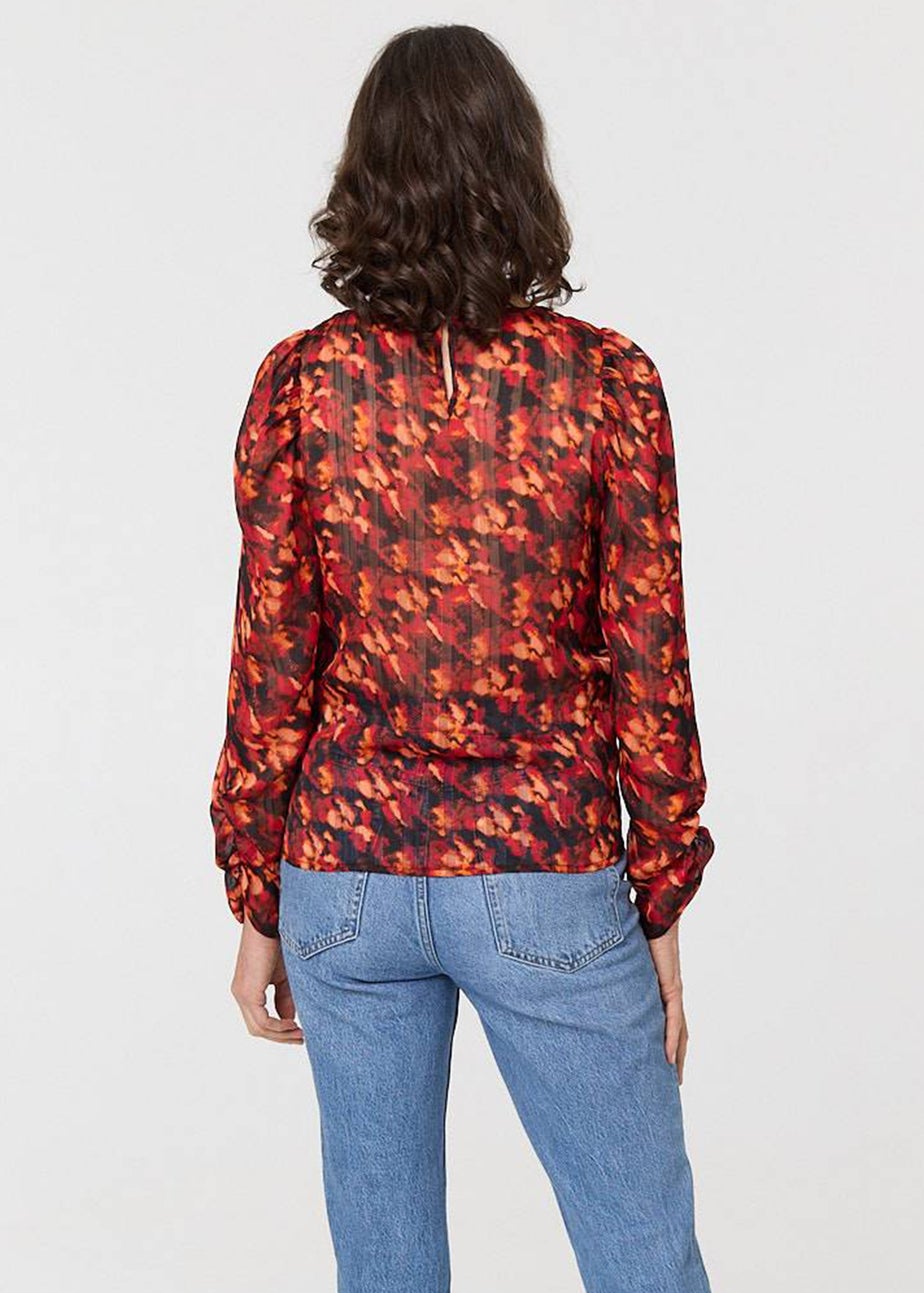 Izabel London Orange Printed Semi Sheer Long Sleeve Blouse