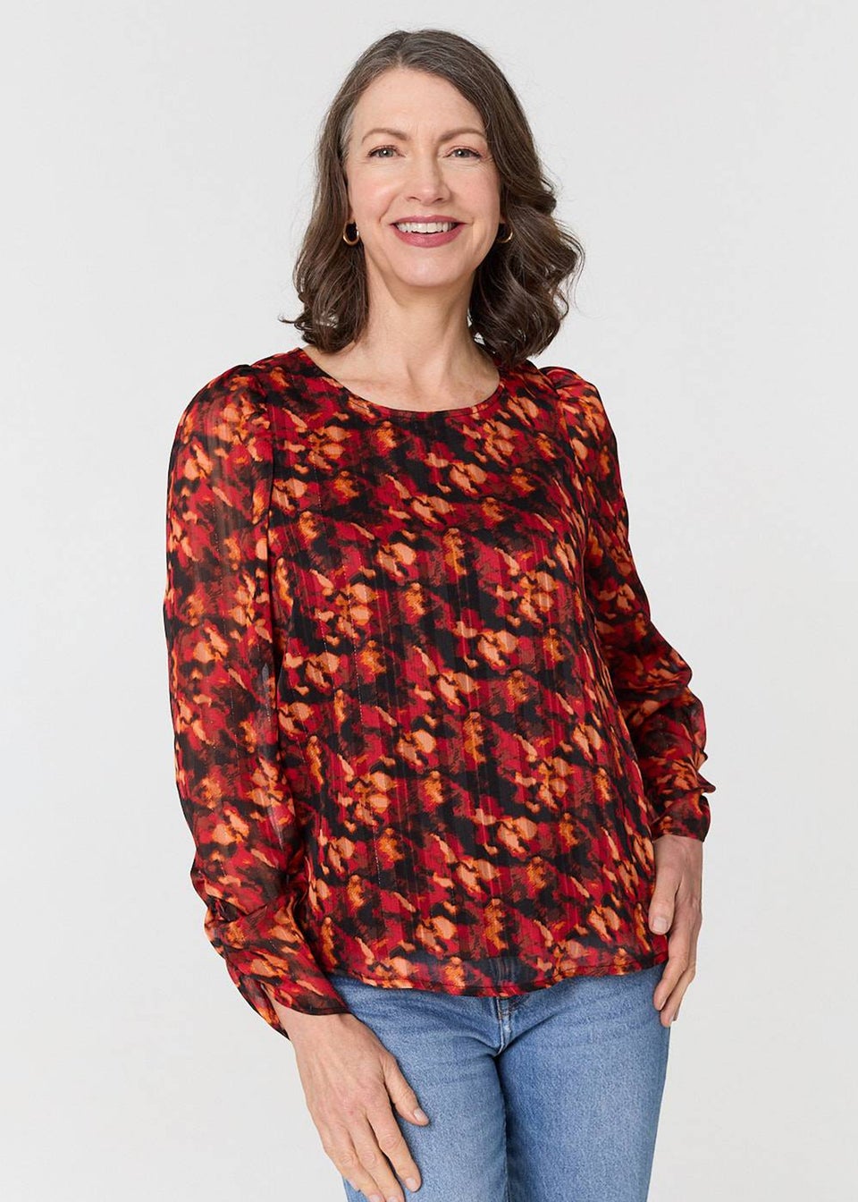 Izabel London Orange Printed Semi Sheer Long Sleeve Blouse