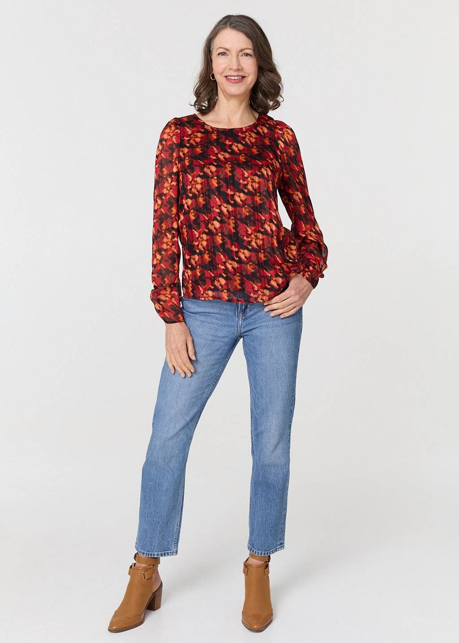 Izabel London Orange Printed Semi Sheer Long Sleeve Blouse