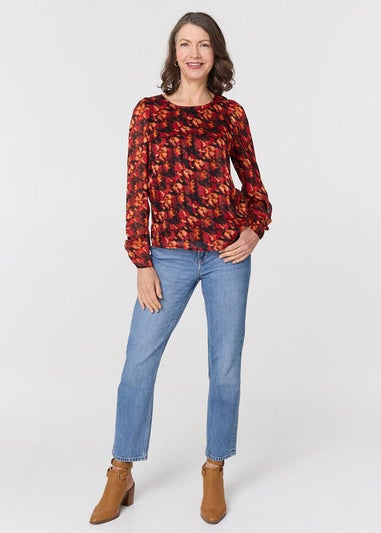 Izabel London Orange Printed Semi Sheer Long Sleeve Blouse