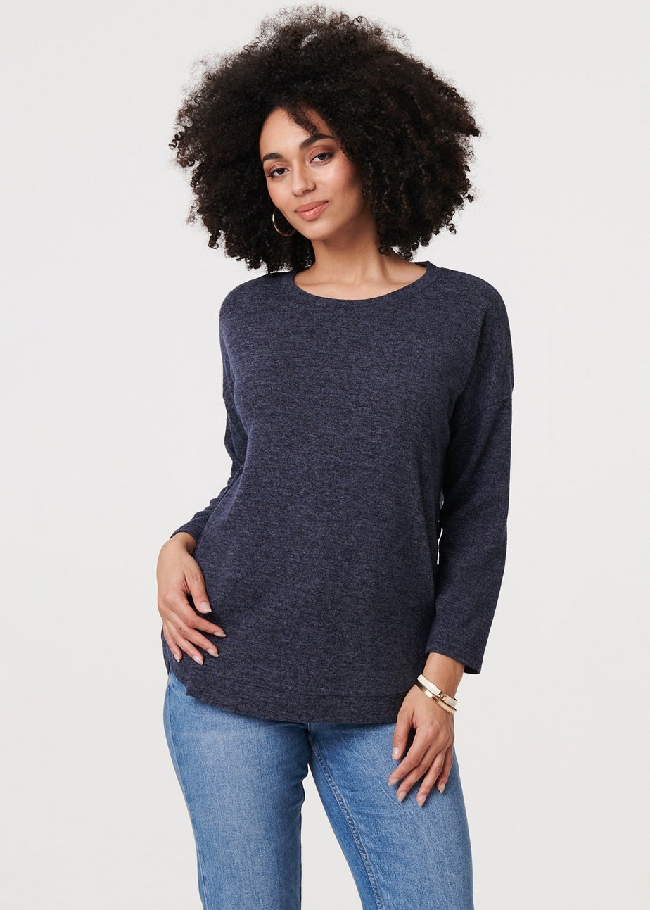 Izabel London Navy Relaxed 3/4 Sleeve Button Detail Top