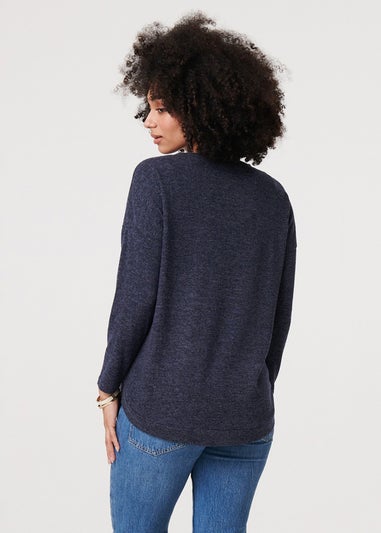 Izabel London Navy Relaxed 3/4 Sleeve Button Detail Top