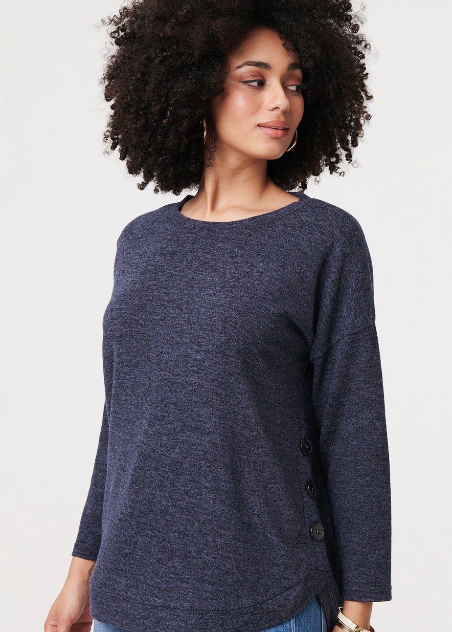 Izabel London Navy Relaxed 3/4 Sleeve Button Detail Top