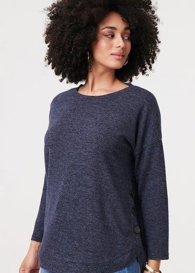 Izabel London Navy Relaxed 3/4 Sleeve Button Detail Top