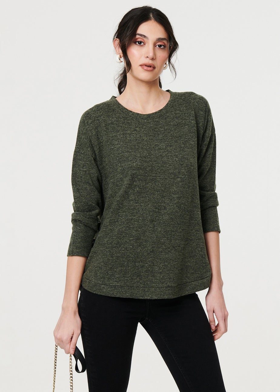Izabel London Khaki Relaxed 3/4 Sleeve Button Detail Top