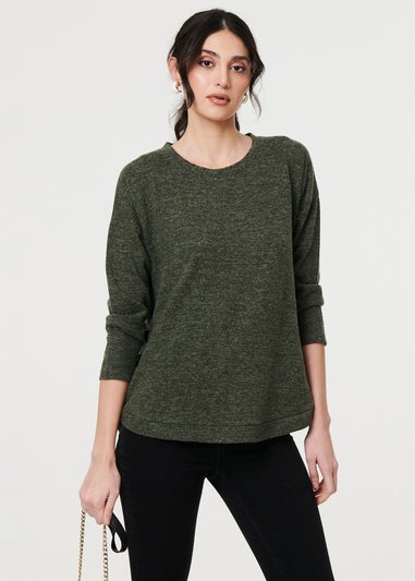 Izabel London Khaki Relaxed 3/4 Sleeve Button Detail Top