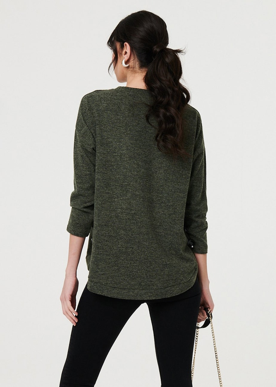 Izabel London Khaki Relaxed 3/4 Sleeve Button Detail Top