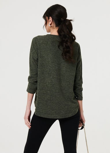 Izabel London Khaki Relaxed 3/4 Sleeve Button Detail Top