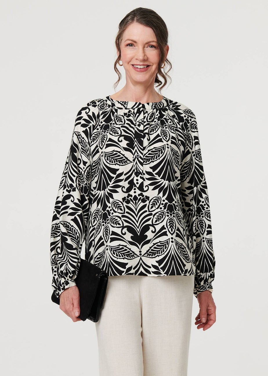 Izabel London Black Printed Long Sleeve Button Front Blouse