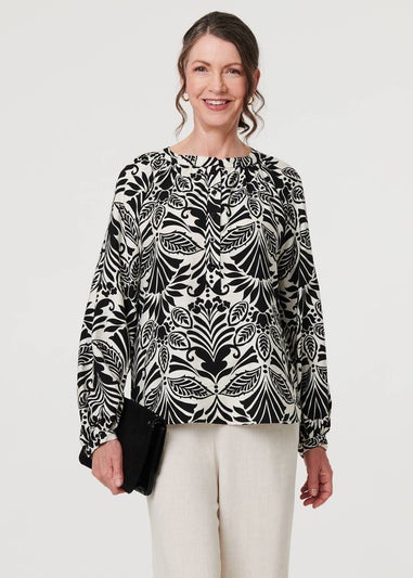 Izabel London Black Printed Long Sleeve Button Front Blouse