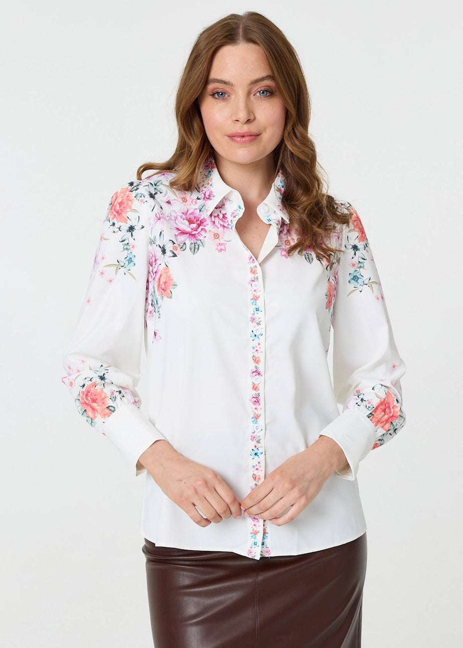 Izabel London White Floral Border Print Long Sleeve Shirt