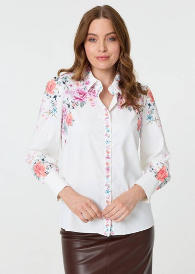 Izabel London White Floral Border Print Long Sleeve Shirt